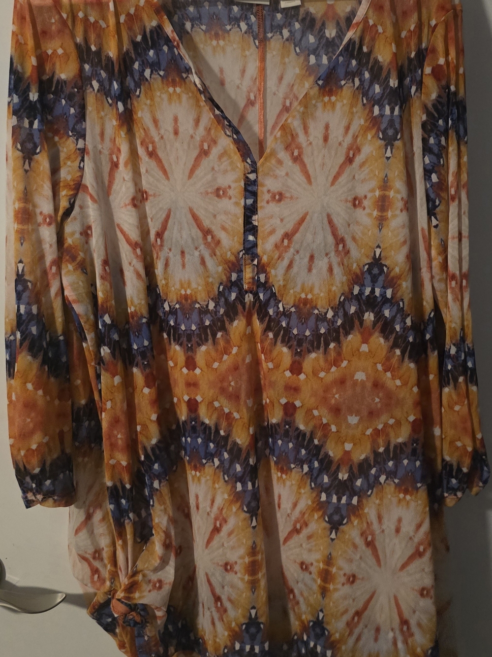 Chico's Yellow and Blue Patterned V-Neck Tunic